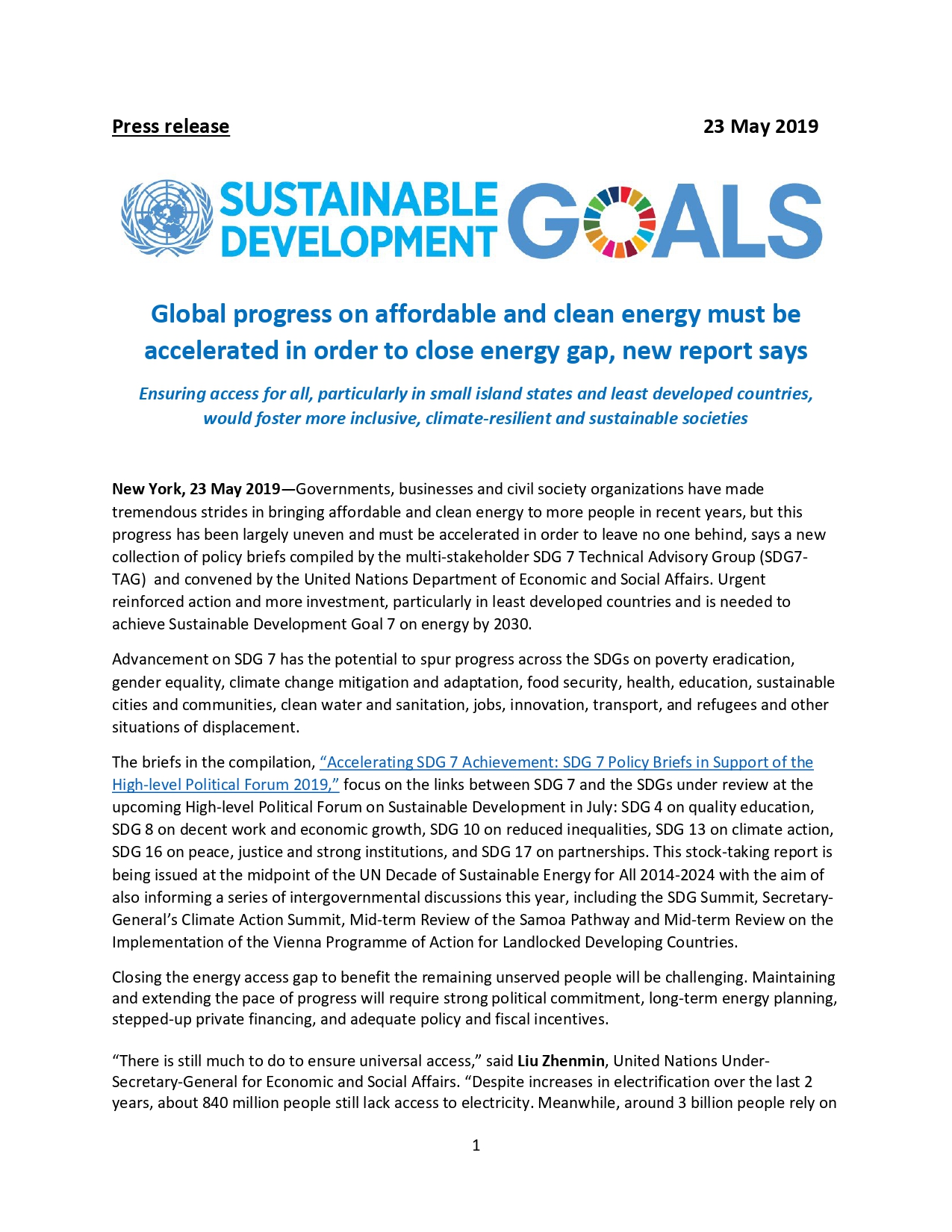 Press Release 2020 SDG7 TAG Policy Briefs Department of Economic